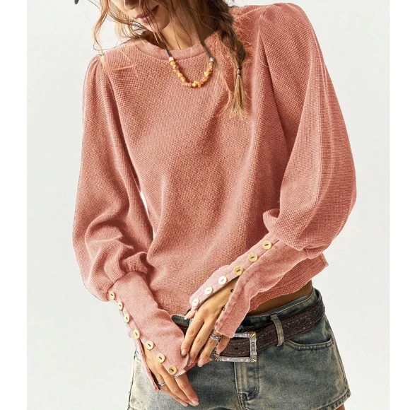 Solid Thermal Knit Puff Button Cuff Long Sleeve Top - Picture 13 of 14